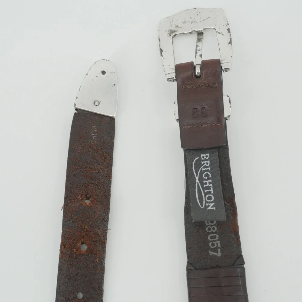 Brighton Leather Belt Mens 38 Brown Woven Western Silver Tone Concho 38057